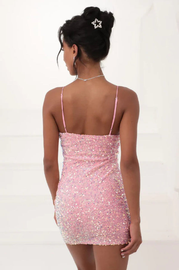 Iridescent Sequin Bodycon Mini Dress Pink