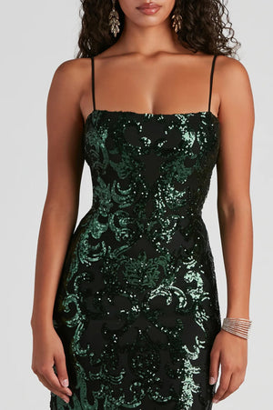 Formal Sequin Tie Maxi Dress Dark Green