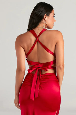 Lace-Up Satin Formal Column Maxi Dress Red