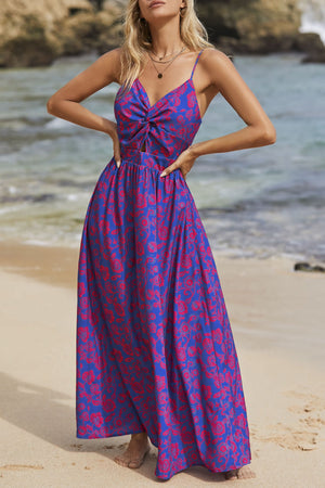 Floral Print Knotted V-Neck Maxi Dress Purple