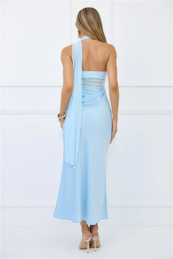 Sapphire Diva Halter Mesh Satin Maxi Dress Blue