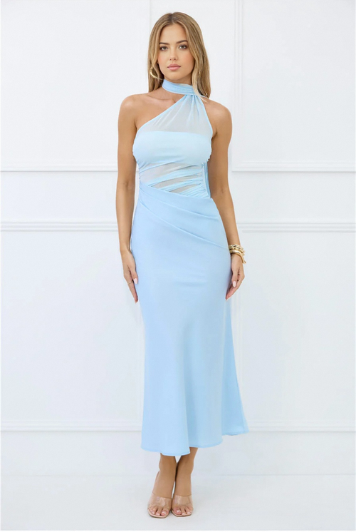 Sapphire Diva Halter Mesh Satin Maxi Dress Blue