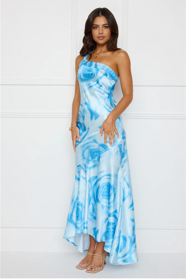 After Dark Allure One Shoulder Satin Maxi Dress Blue