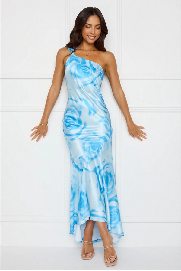 After Dark Allure One Shoulder Satin Maxi Dress Blue