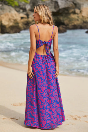 Floral Print Knotted V-Neck Maxi Dress Purple