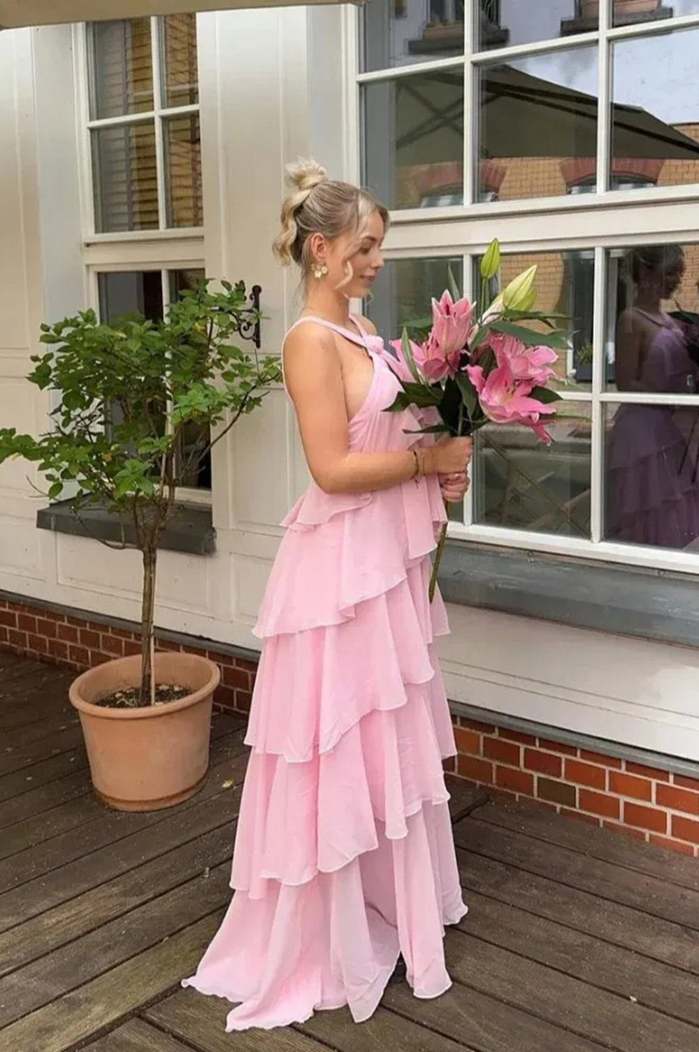 Elegant Chiffon Layer Ruffles Maxi Dress Pink