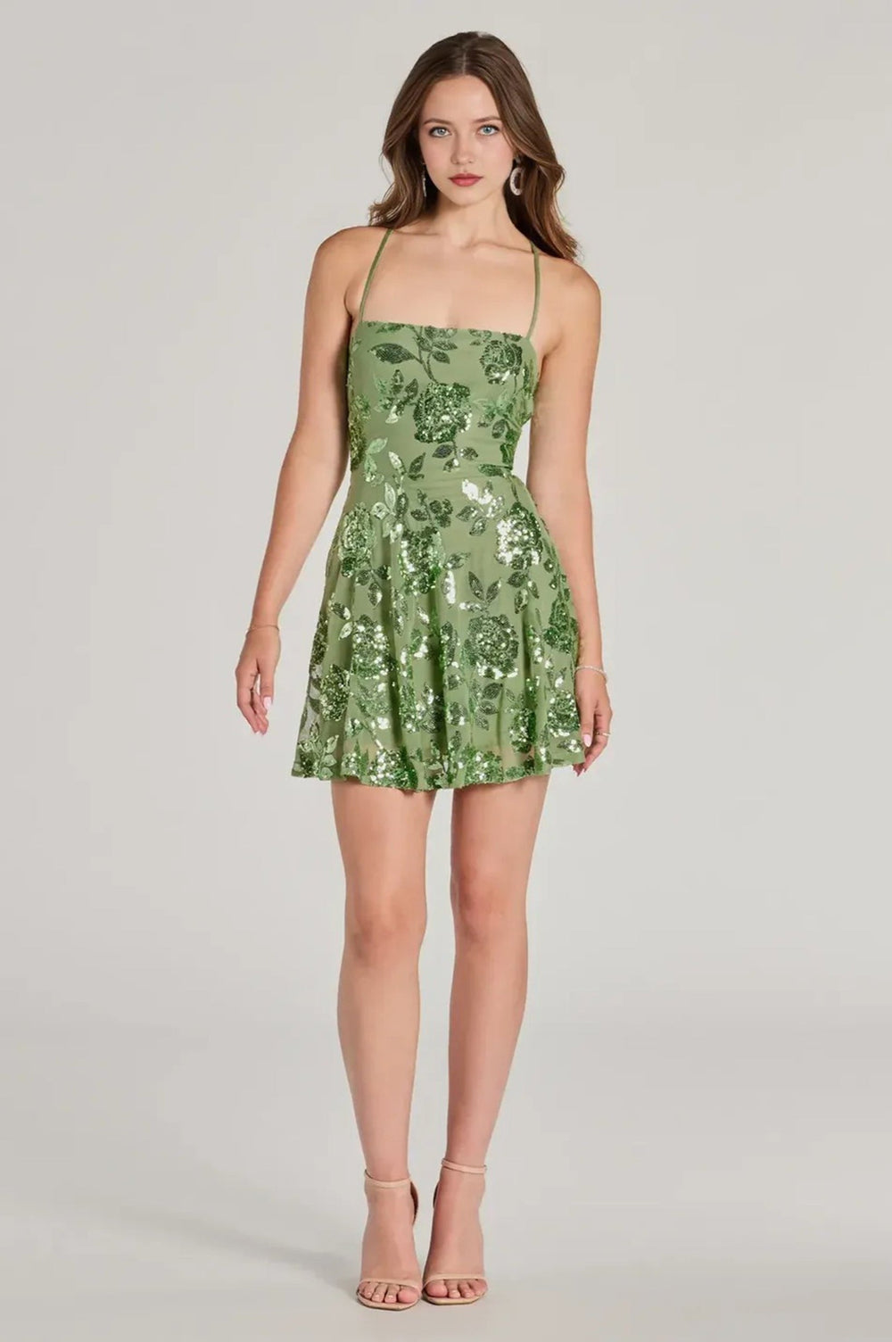 Sparkling Beauty Lace-Up Floral Sequin Skater Dress Green