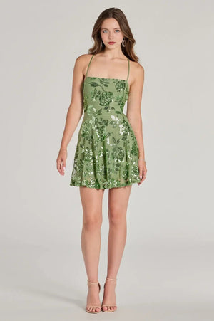 Sparkling Beauty Lace-Up Floral Sequin Skater Dress Green