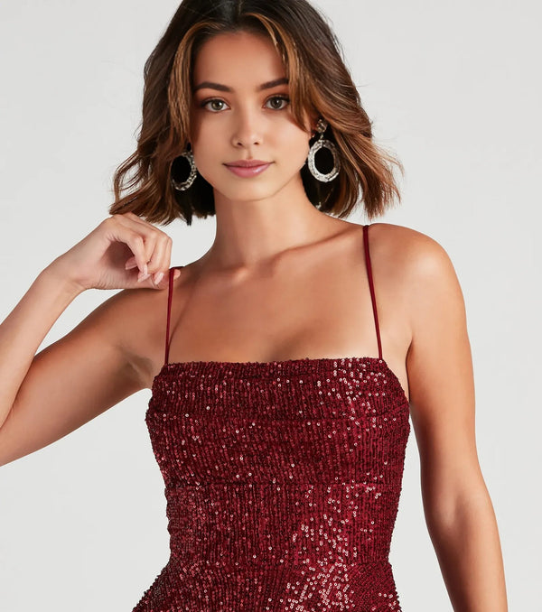 Sabina Sequin Mesh Party Mini Dress Burgundy