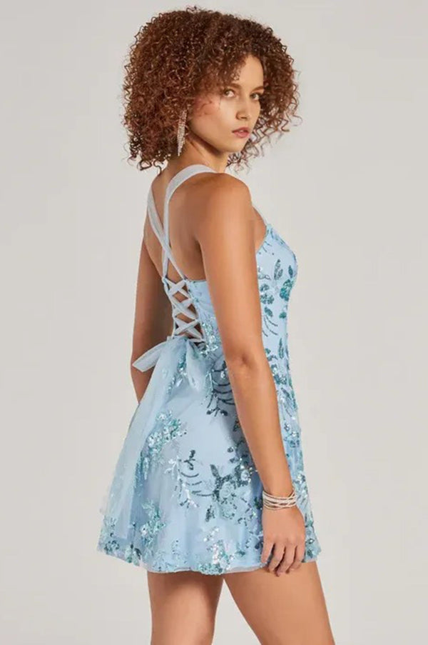 Pretty Elegance Tulle Lace-Up Floral Sequin Mini Dress