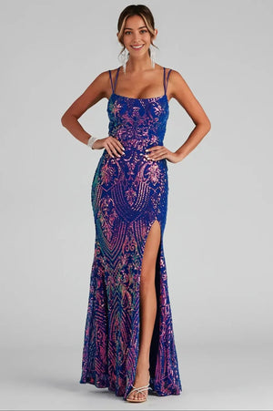 Formal High Slit Sequin Maxi Dress Blue
