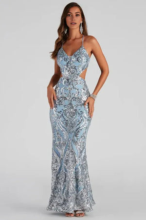 Sequin Mermaid Formal Maxi Dress Light Blue