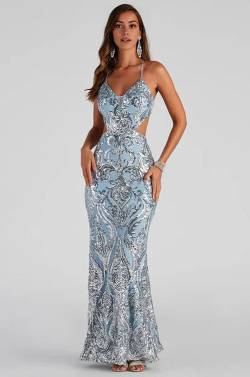 Sequin Mermaid Formal Maxi Dress Light Blue