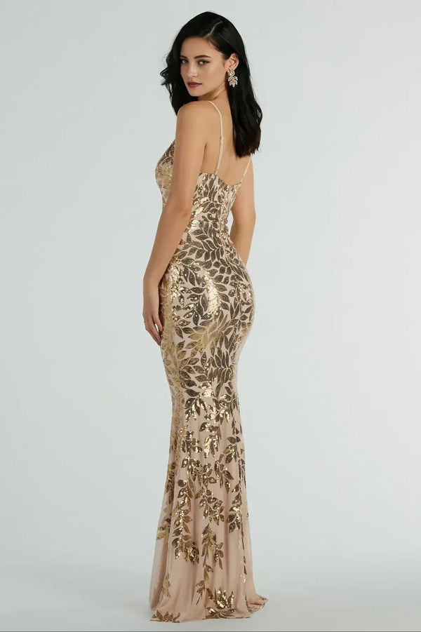 Formal Sequin Leaf Plunge Mermaid Maxi Dress Gold