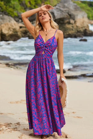 Floral Print Knotted V-Neck Maxi Dress Purple