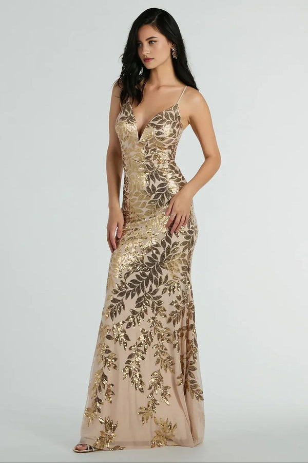 Formal Sequin Leaf Plunge Mermaid Maxi Dress Gold