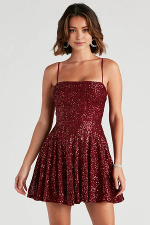 Sabina Sequin Mesh Party Mini Dress Burgundy