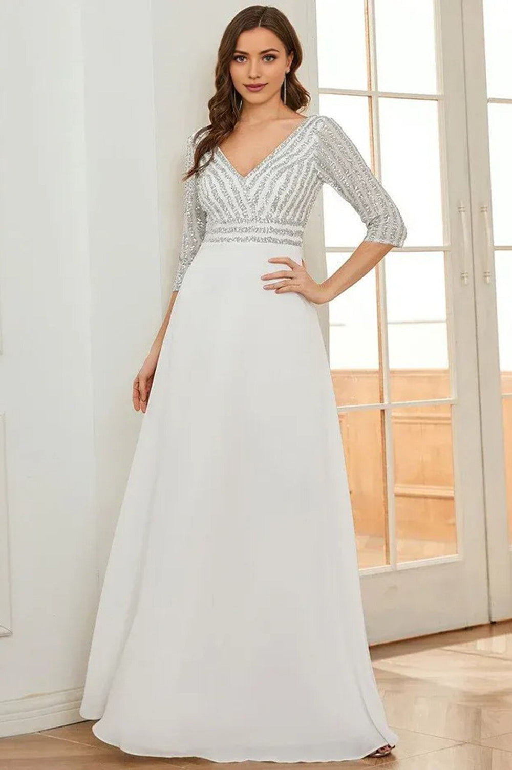 Sexy V Neck A-Line Sequin Evening Maxi Dresses