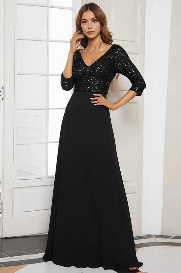 Sexy V Neck A-Line Sequin Evening Maxi Dresses