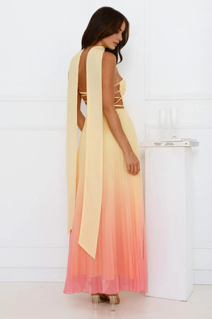 Sunset Magic Strapless Pleated Maxi Dress Yellow