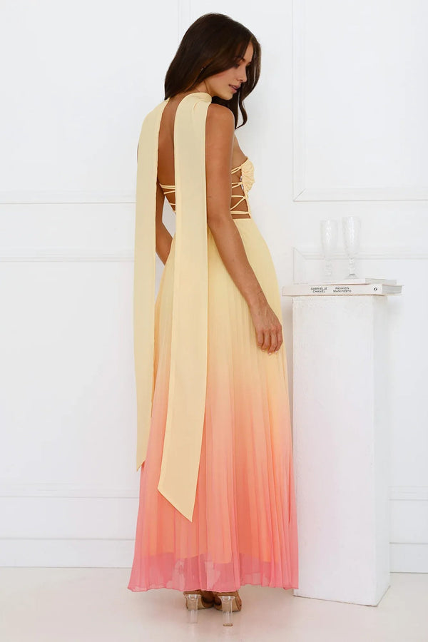 Sunset Magic Strapless Pleated Maxi Dress Yellow