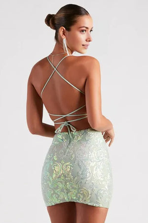 Glisten And Glimmer Sequin Lace-Up Dress Sage