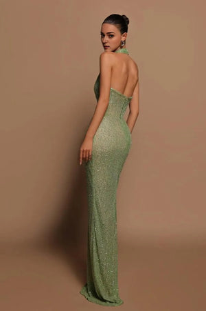 V-neck Emerald Dazzle Sequin Maxi Dress Green