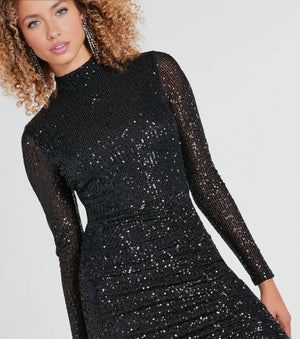 Dazzling Starlet Sequin Long Sleeve Mini Dress Black
