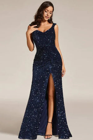 V-neck Sequin Slit Mermaid Floor Length Evening Maxi Dress Navy