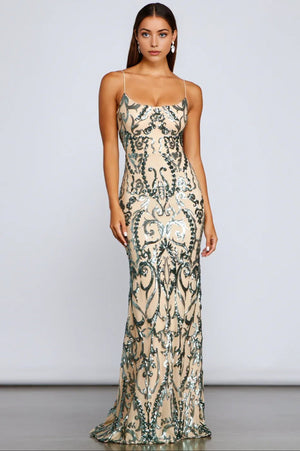 Formal Open Back Sequin Maxi Dress Green