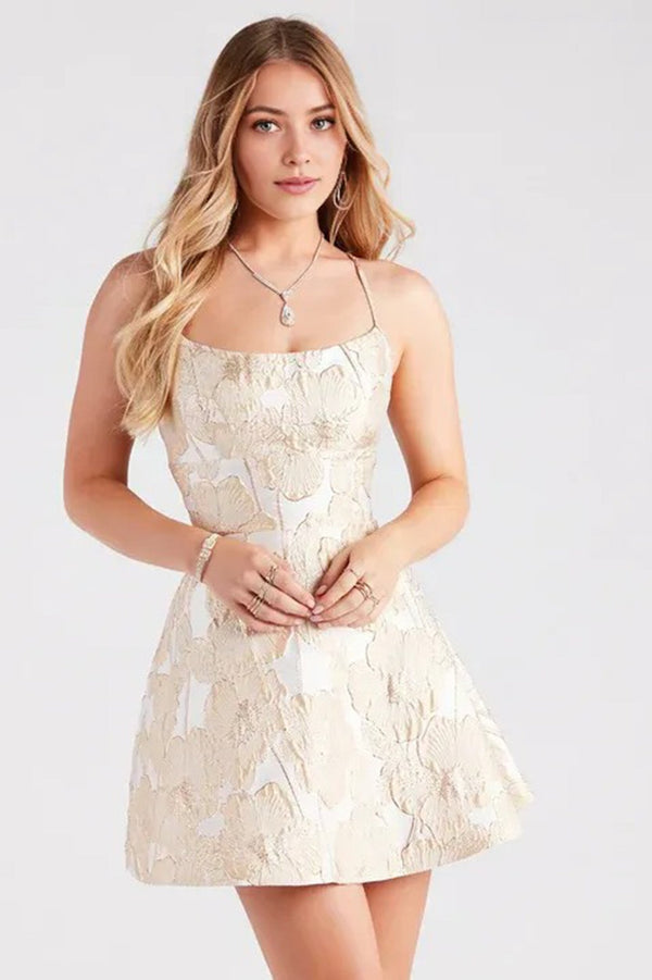 Floral Jaquard Skater Party Mini Dress Ivory