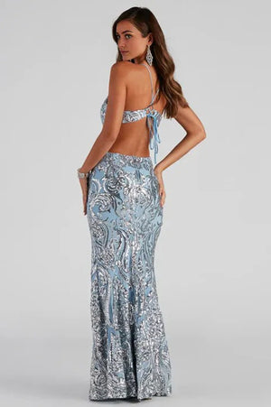 Sequin Mermaid Formal Maxi Dress Light Blue