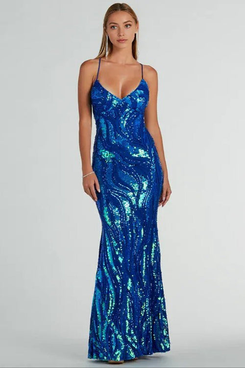 Iridescent Sequin Lace-Up Formal Maxi Dress
