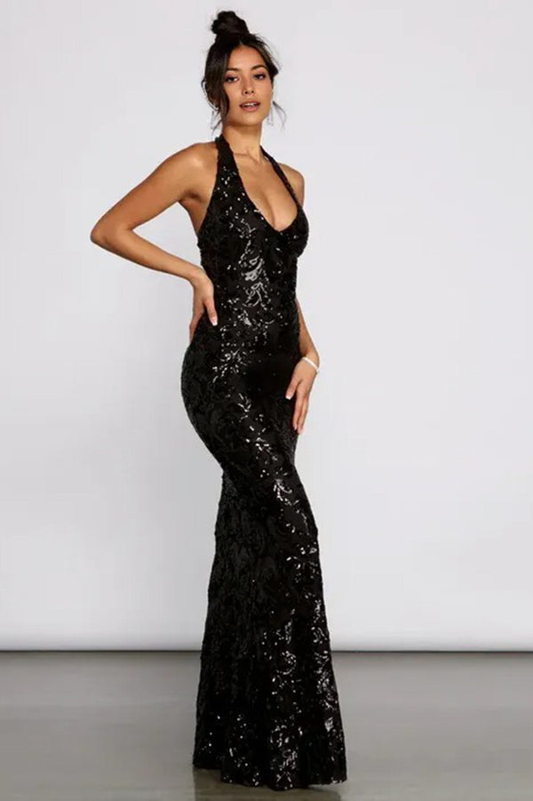 Formal Sequin Scroll Halter Maxi Dress Black