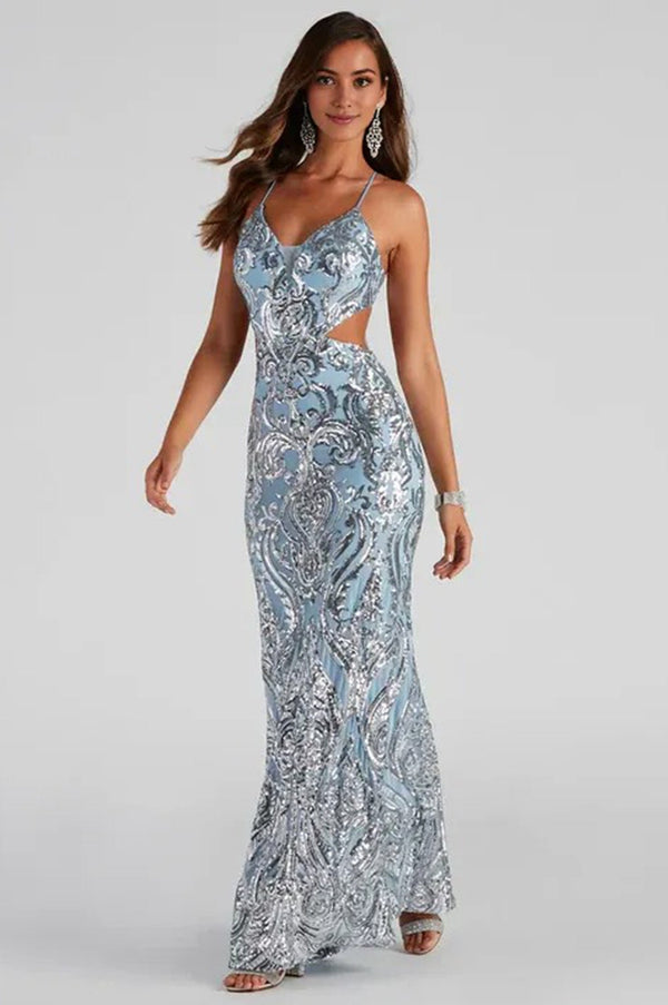 Sequin Mermaid Formal Maxi Dress Light Blue