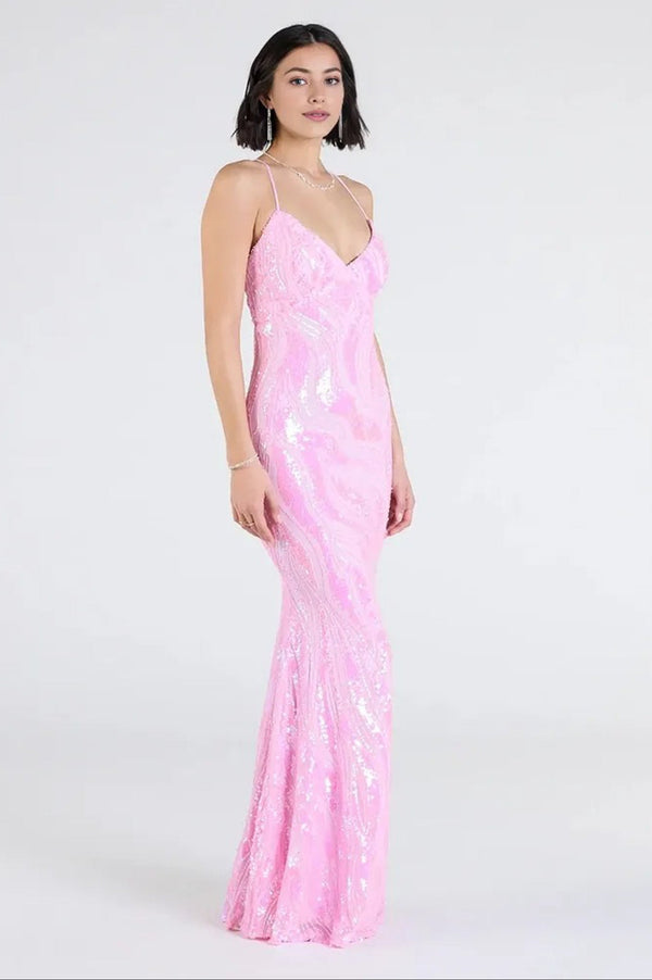 Iridescent Sequin Lace-Up Formal Maxi Dress