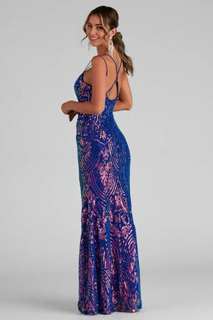 Formal High Slit Sequin Maxi Dress Blue