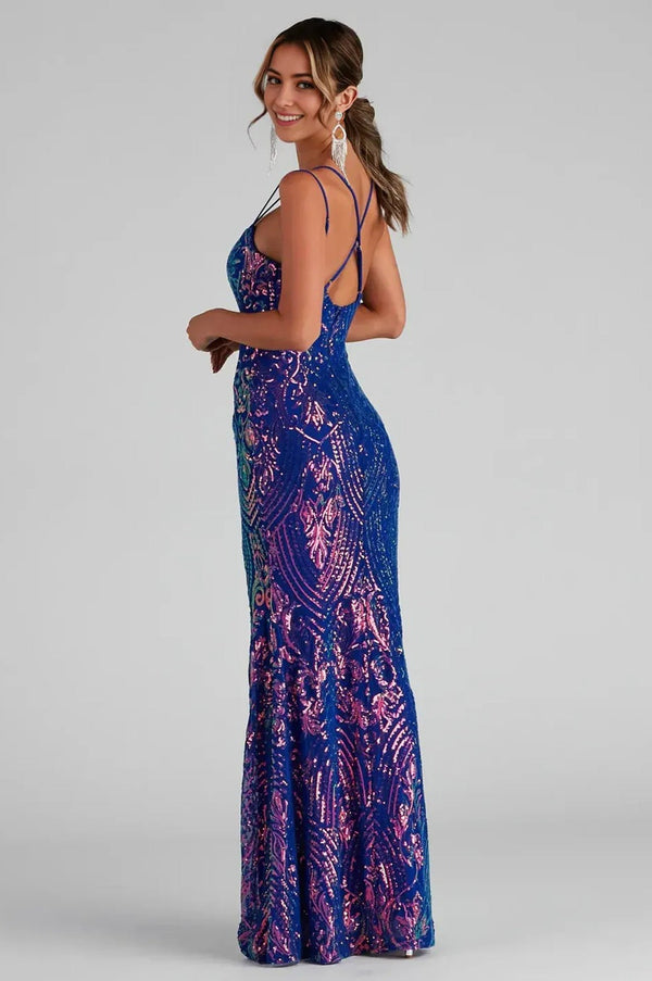 Formal High Slit Sequin Maxi Dress Blue