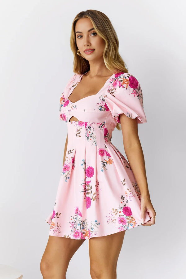Floral Queen Short Sleeve Mini Dress Pink