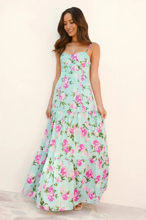 Wildflower Whimsy Satin Maxi Dress Green
