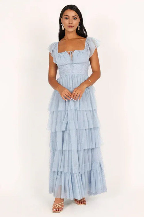 Tulle ruffles Maxi Dress Blue