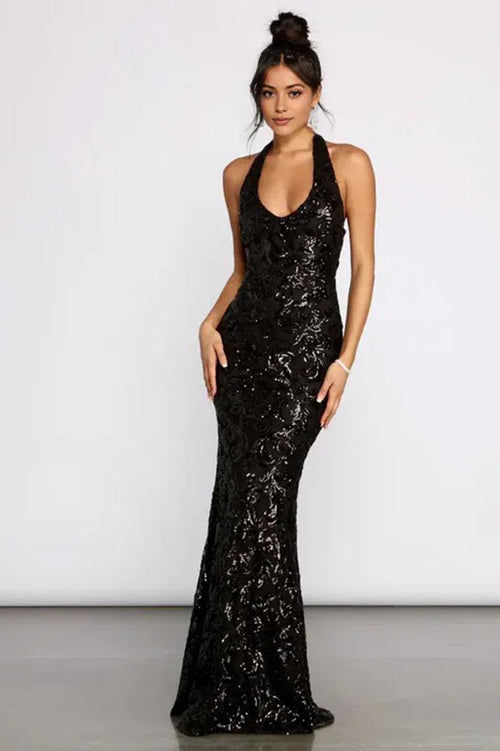 Formal Sequin Scroll Halter Maxi Dress Black