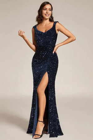 V-neck Sequin Slit Mermaid Floor Length Evening Maxi Dress Navy