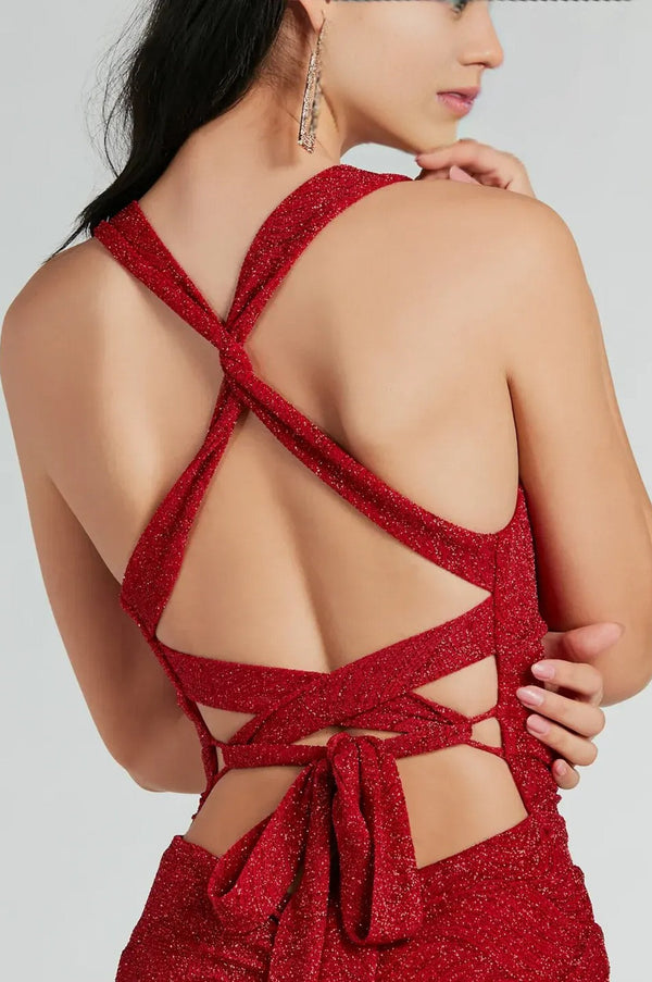 Formal Glitter Lace-Up Column Dress Red