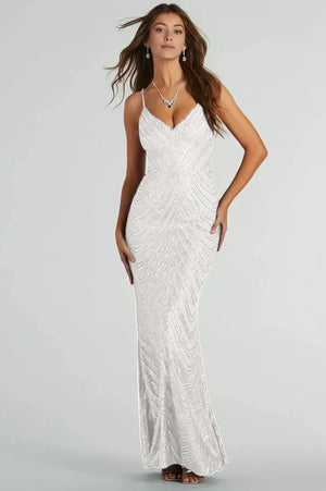 V-Neck Mermaid Sequin Long Formal Maxi Dress