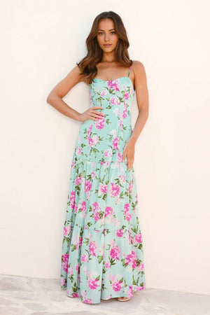 Wildflower Whimsy Satin Maxi Dress Green