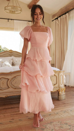 Solid Color Puff Sleeve Cake Maxi Dress