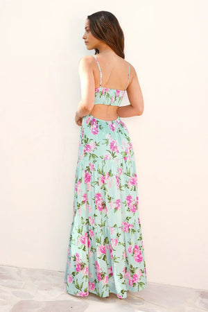 Wildflower Whimsy Satin Maxi Dress Green