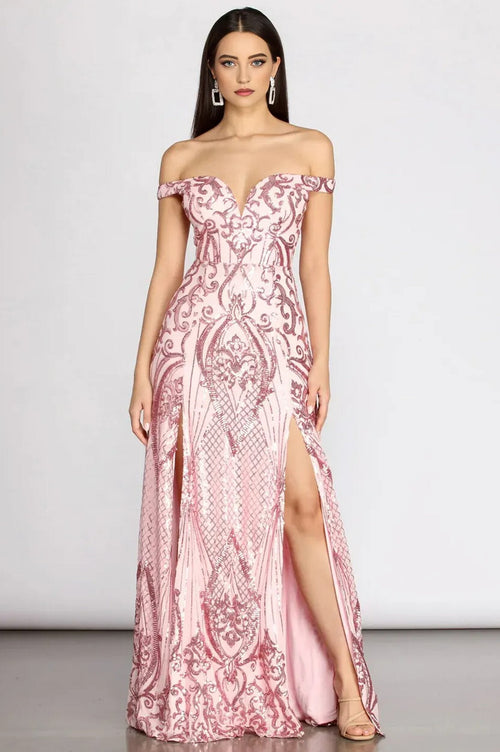 Sequin Off Shoulder A-Line Maxi Dress Pink
