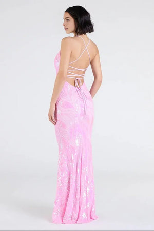 Iridescent Sequin Lace-Up Formal Maxi Dress